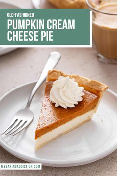 a slice of pumpkin cream pie on a white plate