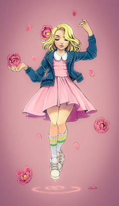 a drawing of a girl in a pink dress and blue jacket with flowers around her