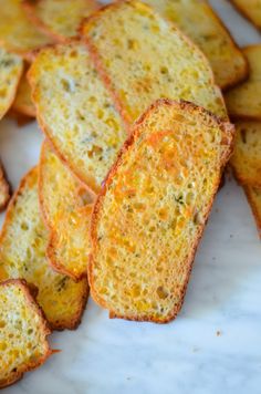 closeup of slices of garlic bread on a plate