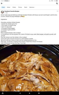 an image of food being cooked in a crockpot with chicken and gravy