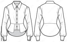 the front and back view of a women's shirt with long sleeves, collared neck