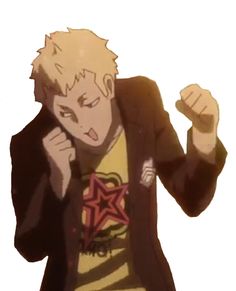 an anime character with blonde hair wearing a black jacket