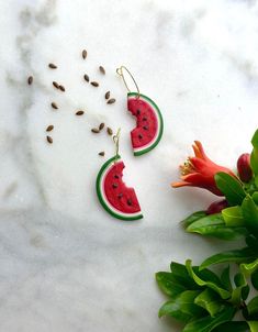 watermelon slice earrings with seeds on marble table next to plant and flowers in vase