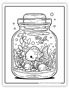 a jar filled with fish and plants coloring page for children to color in, on a white background