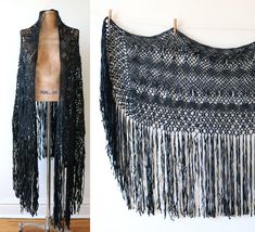 two pictures of a black shawl on a mannequin