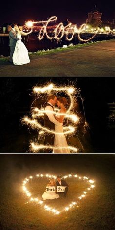 two pictures with sparklers in the shape of hearts and words that spell out love