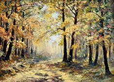 an oil painting of a path in the woods with trees and leaves on both sides