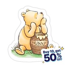 a sticker depicting a teddy bear sitting on the ground with a basket in front of it