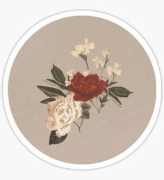 a white and red flower with green leaves on a beige background in a circular frame