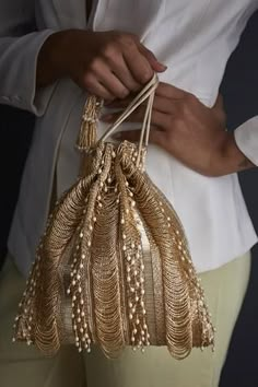 Shop for Lovetobag Ruched Embellished Potli With Handle Online at Aza Fashions Potli Bag, Potli Bags, Gold Satin, Embroidered Bag, Purse Patterns, Beaded Fringe, Drawstring Pouch, Buy Gold, Fabric Bags