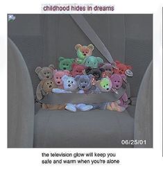 there are many stuffed animals sitting in the back of a car seat, and one is holding a teddy bear