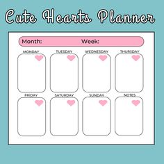 a cute heart planner with pink hearts on the front and bottom, for each month