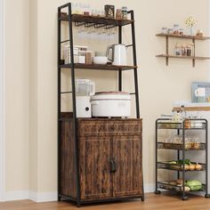 a wooden cabinet with shelves and containers on it next to a shelf filled with food