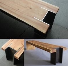 three different views of a bench made out of wood and black metal, with the same design on it