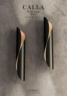 two black and gold wall lights against a gray background with the words calla on it