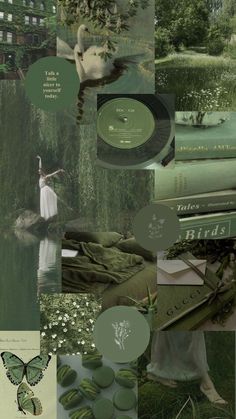 a collage with green and white images, including books, flowers, butterflies, and trees