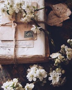 an old book with flowers on it is sitting next to some wood slices and paper