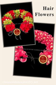 two pictures of flowers in the shape of a wreath with ribbons on each one side