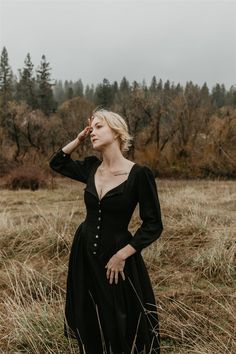 Prairie Dress in Black Linen – Field Day Linen Dress With Buttons, Black Prairie Dress, Prairie Goth, Vamp Aesthetic, Black Witch Dress, Feminine Goth, Prairie Fashion, Black Cottagecore, Western Goth