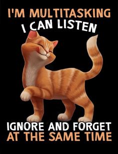 an orange and white cat with text that reads, i'm multitasking i can listen ignore and forget at the same time