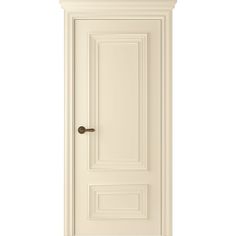 a white door with a clock on the top and bottom panel, in front of a white background