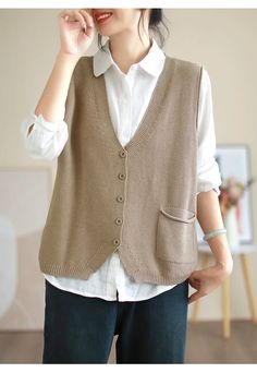 Moongor Casual Solid Color Sleeveless Vest Casual V-neck Vest, Casual Beige V-neck Vest, Beige V-neck Vest With Pockets, Beige Sleeveless Sweater Vest With Pockets, Casual Brown V-neck Vest, White V-neck Vest With Pockets, Beige V-neck Vest, Beige V-neck Vest Top, Casual Brown V-neck Tank Top