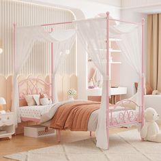 【Elegant Canopy Bed】:This bed frame features with clean metal lines and elegant headboards and footboard. Upgraded design with four posts and canopy top, allowing for customization with decorative curtains and lights which add an romantic decoration for your room. Winston Porter Color: Pink, Size: Twin | Winston Porter Surjeet Metal Canopy Bed red / Metal in Pink | Twin | Wayfair Twin Canopy Bed Frame, Twin Canopy Bed, Princess Canopy Bed, Princess Canopy, Metal Canopy Bed, Girls Room Design, Canopy Bed Frame, Bed Foundation, Full Bed Frame