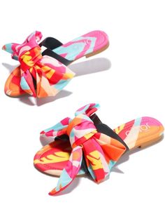 Make heads turn in these super Hot multi colored print and scarf detail sandals. Can be paired with basically anything in your closet. Casual Summer Party Slides, Casual Party Slides For Summer, Casual Slides For Summer Parties, Fun Synthetic Sandals For Vacation, Fun Spring Vacation Sandals, Trendy Floral Print Beach Sandals, Fun Vacation Sandals For Spring, Fun Synthetic Sandals For Beach Season, Trendy Multicolor Sandals For Spring