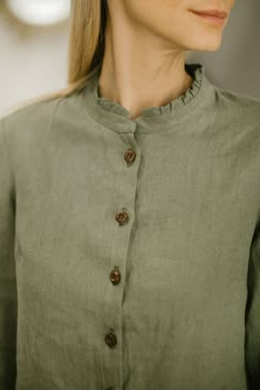 Summer linen shirt SAKURA for women is both elegant and practical and suitable for both everyday and special occasions. This linen women shirt has long sleeves, button up design and make it true for a elegant simplicity statement. This linen top is made from natural and breathable washed linen fabric, it will make it perfect clothing choice for warm summer days. DETAILS: ♥ Loose linen shirt for women ♥ Ruffle collar ♥ 100 % European linen fabric (Oeko-Tex certified), medium weight (185 g) ♥ Perf Luxury Cotton Tops With Collared Neckline, Luxury Casual Cotton Blouse, Luxury Linen Tops For Business Casual, Luxury Classic Cotton Blouse, Luxury Cotton Blouse Piece For Women, Collars For Blouses, Luxury Linen Top With Spread Collar, Affordable Feminine Cotton Shirt, Luxury Cotton Feminine Blouse