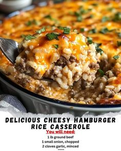 delicious cheesy hamburger rice casserole with ground beef and cheese on top