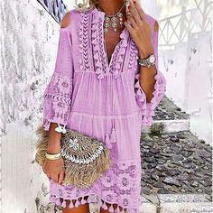 Season:Summer,Spring; Fabric:Lace; Sleeve Length:3/4 Length Sleeve; Look After Me:Hand wash,Machine wash; Gender:Women's; Style:Casual,Vacation; Elasticity:Micro-elastic; Occasion:Daily,Holiday,Vacation,Outdoor; Fit Type:Loose Fit; Dresses Type:Boho Dress,Shift Dress; Pattern:Pure Color; Design:Cold Shoulder,Tassel Fringe; Neckline:V Neck; Front page:FF; Listing Date:07/08/2022; Production mode:External procurement; 2023 Trends:2023; Bust:; Length:; Sleeve:; Dress Length Type:Mini Dress Bohemian Chic Dresses, Womens Beach Dresses, Lace Dress Casual, Midi Dress Chic, Lace Dress Boho, Sukienki Plus Size, Beach Mini Dress, Shift Dresses, Womens Shift Dresses