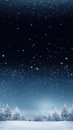 a snowy landscape with trees and stars in the sky