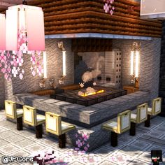 Need Minecraft ideas and inspiration, find it here! Minecraft House Kitchen Ideas, Minecraft Fire Pit Ideas, Shops Minecraft Ideas, Restaurant Interior Minecraft, Minecraft Yoga Studio, Cat Cafe Minecraft Ideas, Minecraft Loft House, Minecraft Club Build, Cafe Interior Minecraft