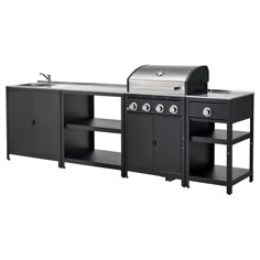 an outdoor bbq grill with shelves and cabinets