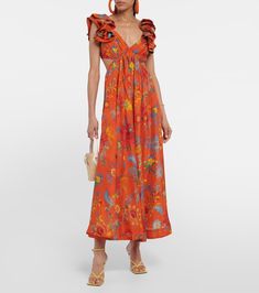 Floral Silk Maxi Dress in Multicoloured - Zimmermann | Mytheresa Maxi Design, Floral Gown, Silk Maxi, Chaniya Choli, Silk Maxi Dress, Indian Fashion Dresses, Ruffled Sleeves, Orange Dress, Flower Dresses