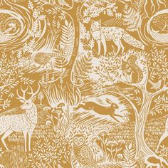 an orange and white wallpaper with animals in the woods