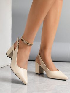 Beige  Collar   Plain  Embellished   Women Shoes Old Money Heels, Professor Outfits, Old Money Shoes, Money Aesthetics, Feminine Shoes, Chunky High Heels, Elegant Shoes, How To Stretch Boots, Lingerie Accessories