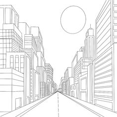 a black and white line drawing of a city street with tall buildings on both sides