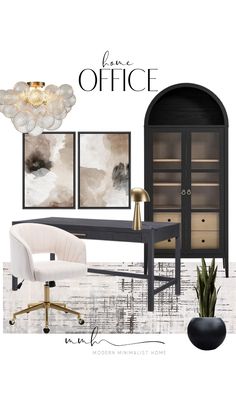 the office is decorated in black and white with gold accents, including a chair, desk,