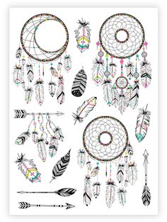 an image of native american dream catchers with feathers and arrows on white paper background