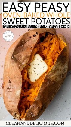 Grab your sheet pan and get ready because I’m showing you how to make creamy and delicious oven-baked whole sweet potatoes every time! This easy-peasy recipe requires five minutes of prep time and cooks in under an hour. Perfect for meal prep, as a side dish, or as a healthy dinner base. Make this Easy Peasy Oven-Baked Whole Sweet Potato today! #SweetPotatoes #HealthyEating #MealPrep #OvenBaked #SideDish | @danispies Potato Airfryer, Whole Baked Sweet Potato, Microwave Sweet Potato, Sweet Potato Oven, Sweet Potato Recipes Baked, Potatoes In Microwave, Sweet Potato Recipe, Baked Sweet Potatoes, Cooking Sweet Potatoes