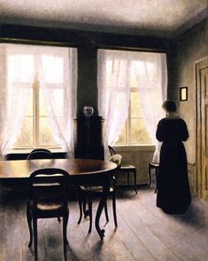 a painting of a woman standing in front of a dining room table looking out the window