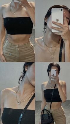 four photos of a woman taking a selfie with her cell phone and wearing a strapless top