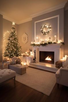 a living room filled with furniture and a christmas tree in the corner next to a fire place