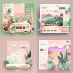 four different screens with plants and mountains in the background, one is pink and green