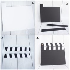 the steps to make a movie clapboard out of construction paper and tape on white wood flooring