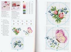 an open book with cross - stitch designs and instructions on the pages, including flowers