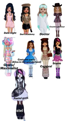 many different types of dolls are shown in this graphic style, with the names on them