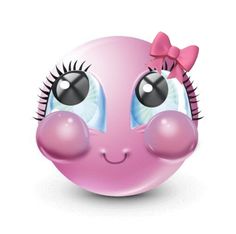 a pink ball with eyelashes and a bow on it's head is smiling at the camera