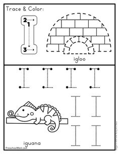 trace and color worksheet for the letter i, with an image of a chamel